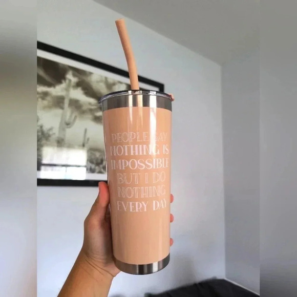 None Other - Nothing is Impossible funny tumbler tan silver metal straw lid insulated bag